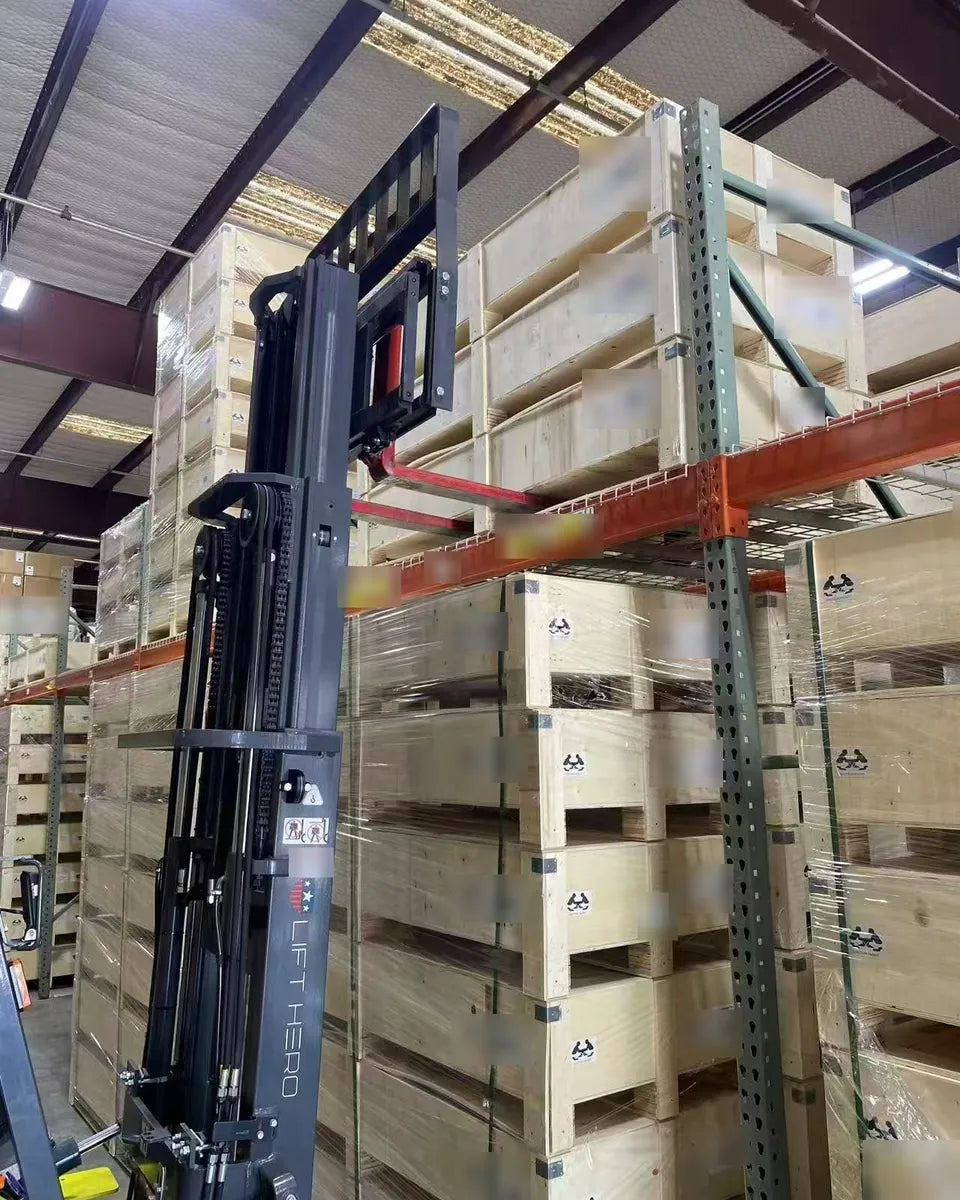 Wooden crates of picnic tables stacked on warehouse racks.
