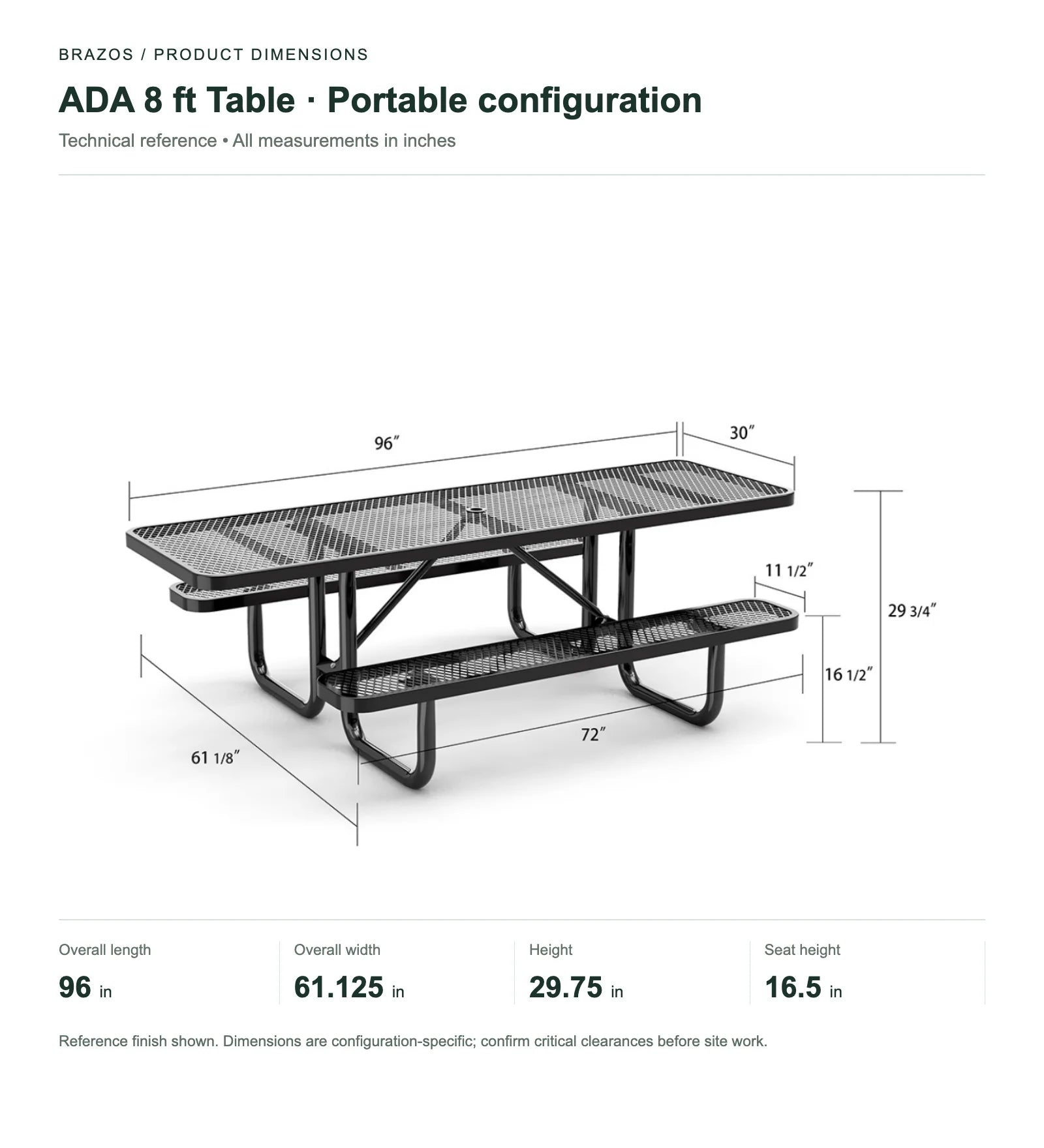 ADA 8 ft table, portable model: dimension drawing.