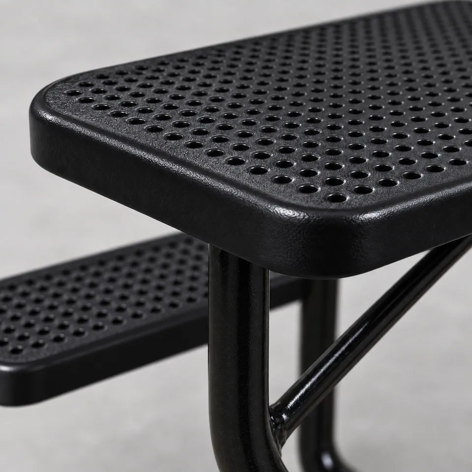 Close view of the 6 ft Rectangular Perforated Metal Picnic Table in black.