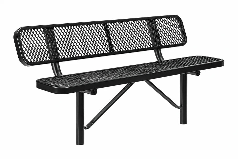 6 ft bench with backrest, in-ground, in Black. Illustration.