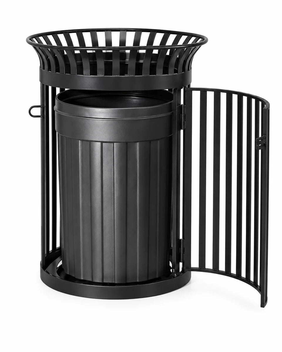 45 gallon slatted can with side door open, Black.