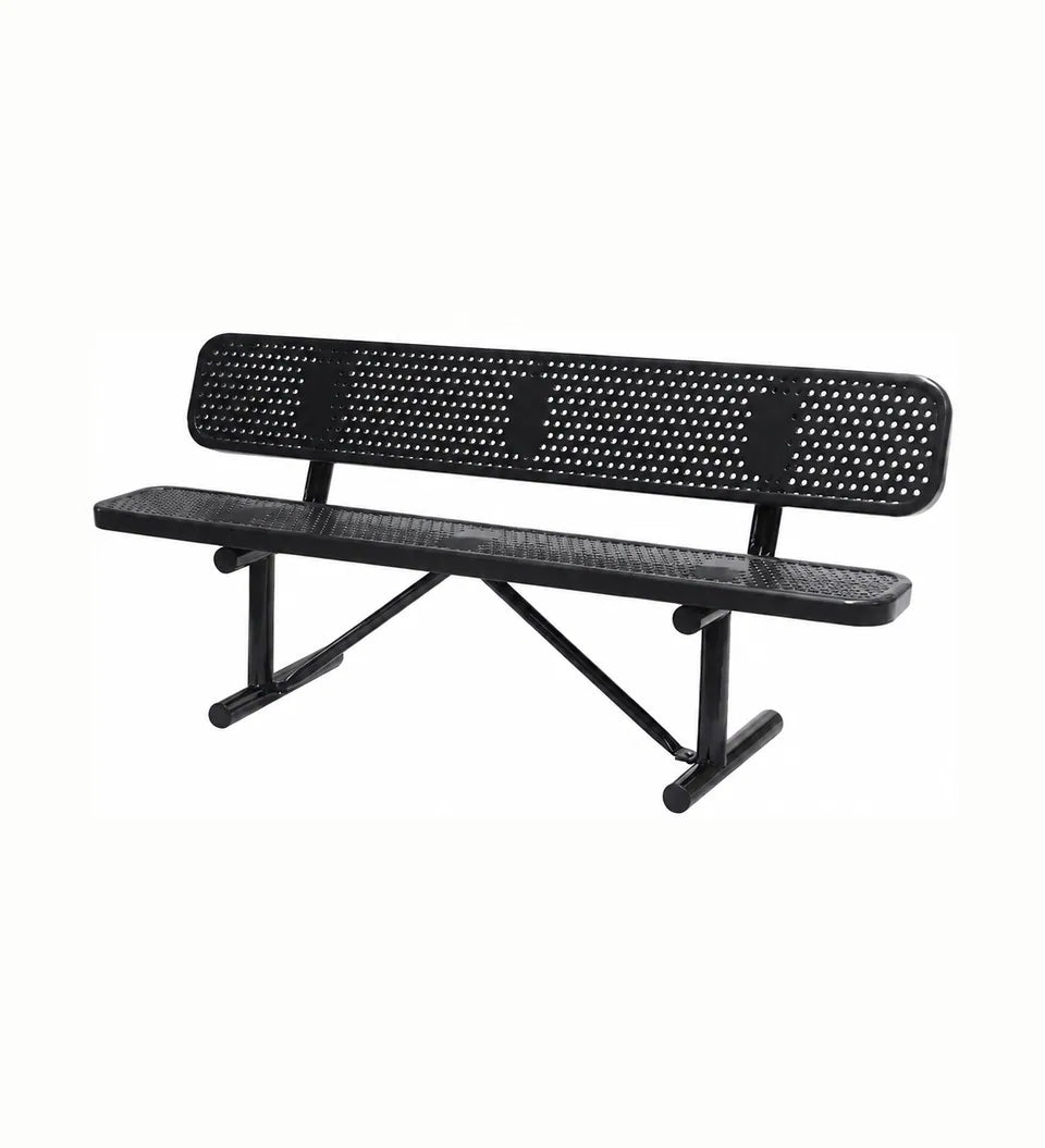 6 ft Perforated Metal Park Bench with Backrest in black.