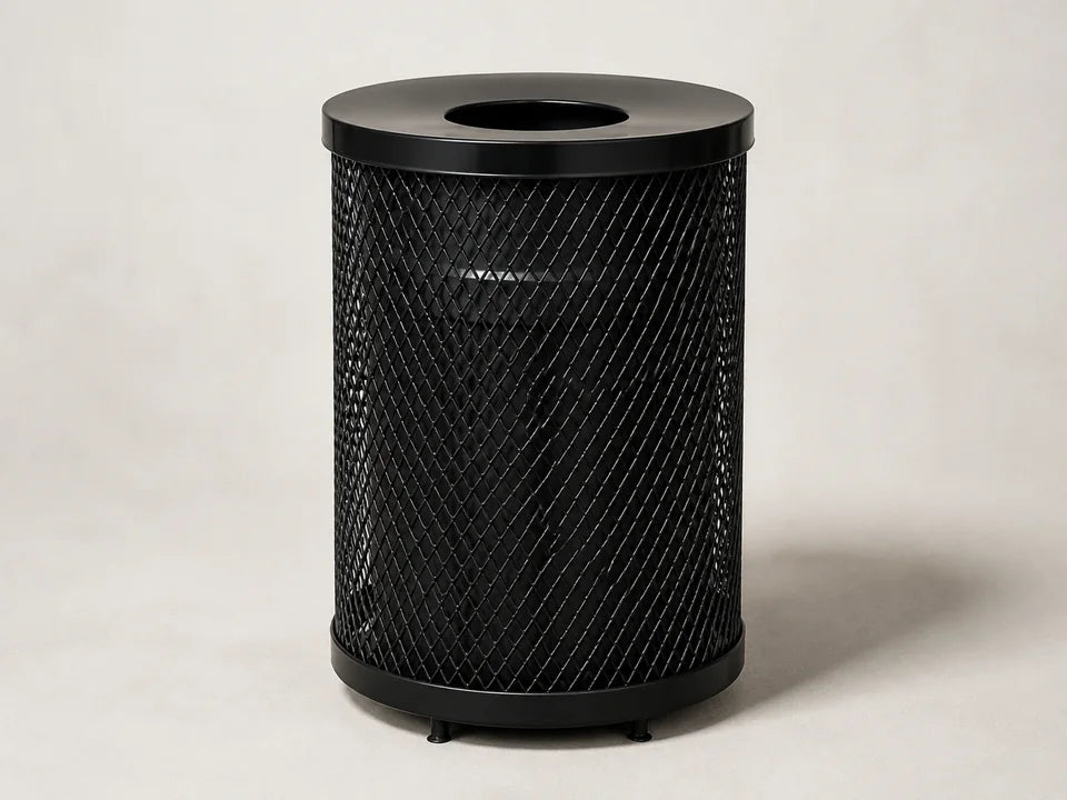 55 gallon expanded metal receptacle in Black with the Flat Lid. Illustration.