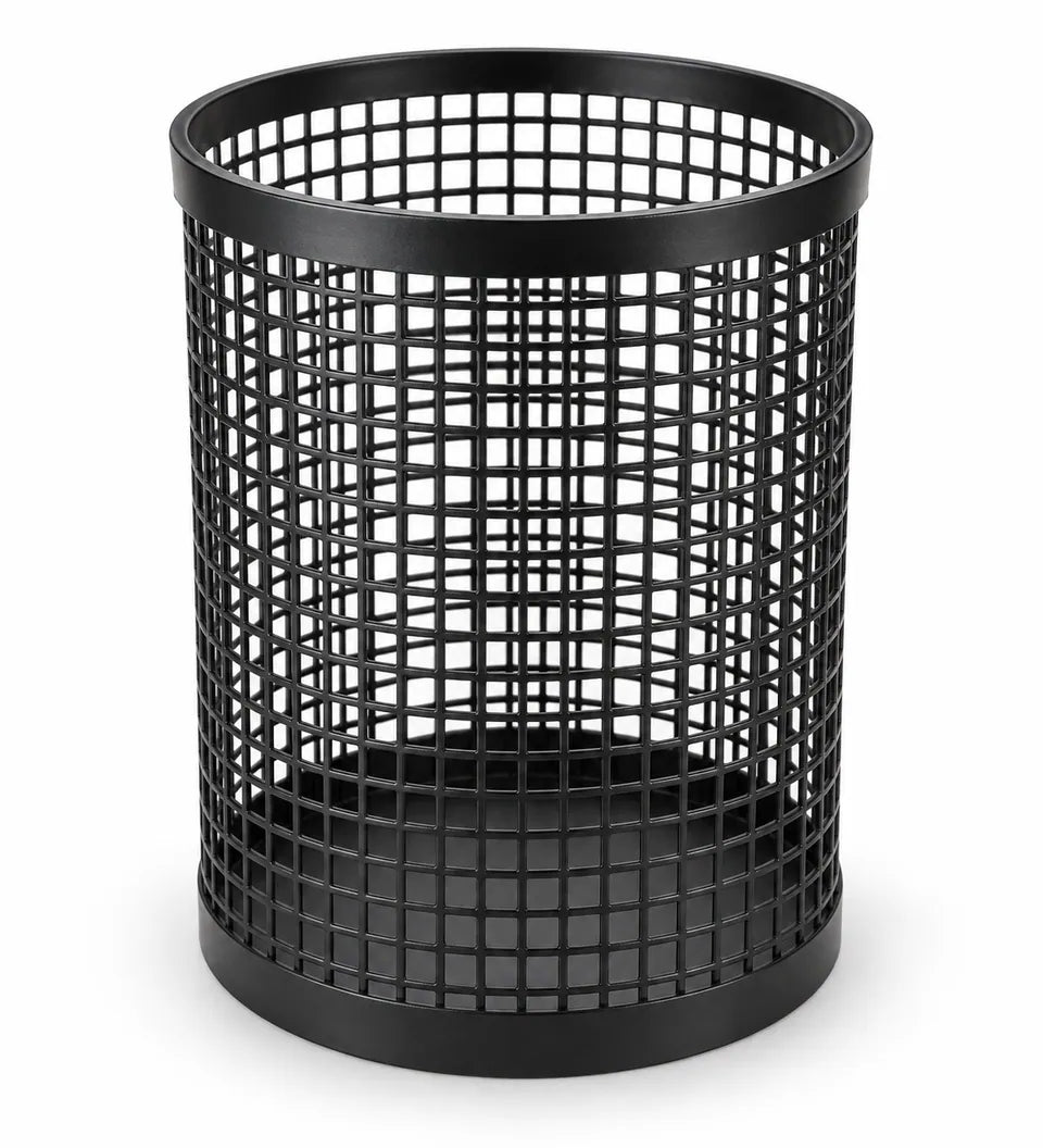 48 Gallon Mesh Steel Round Outdoor Trash Can in black. Accessories shown may differ.
