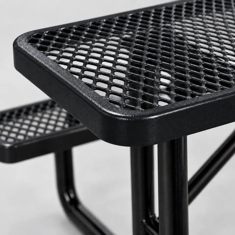 Close view of the 6 ft Rectangular Expanded Metal Picnic Table in black.