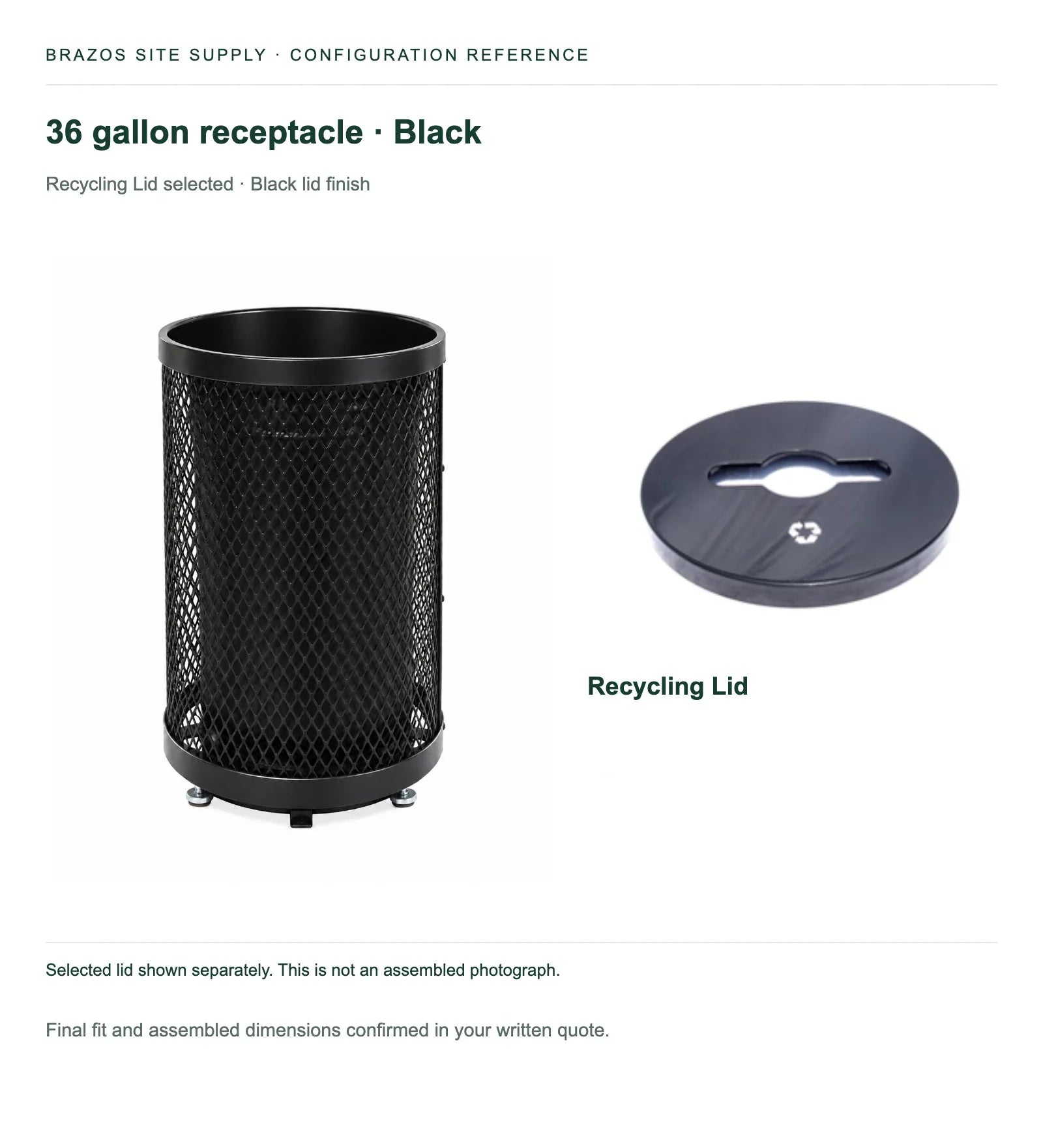 36 gallon expanded receptacle in Black, with the selected Recycling Lid shown separately.