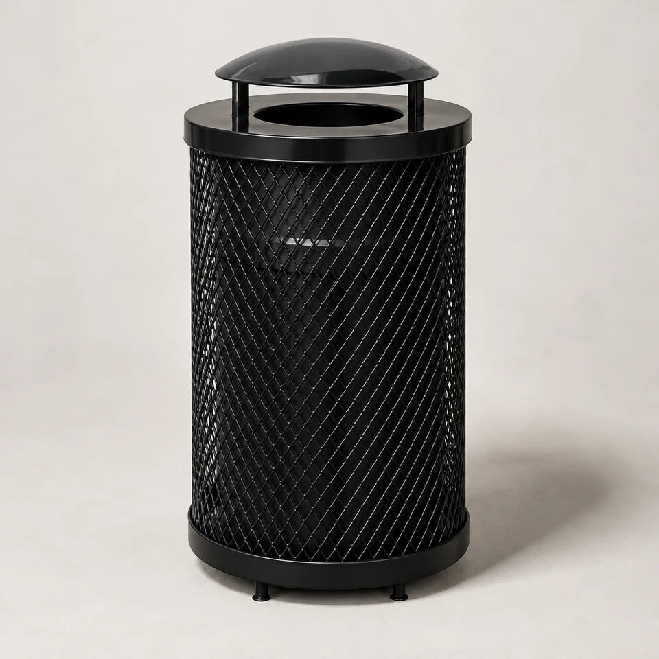 55 gallon expanded metal receptacle in Black with the Rain Bonnet Lid. Illustration.