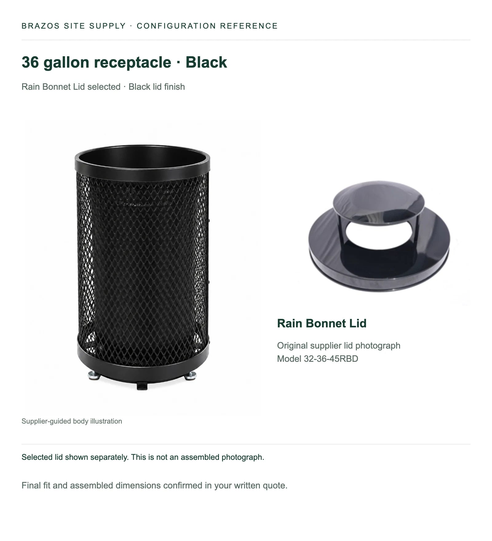36 gallon expanded receptacle in Black, with the selected Rain Bonnet Lid shown separately.